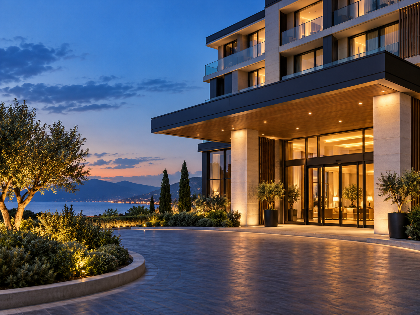 Modern hotel entrance illuminated at dusk